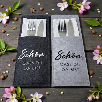 Preview: 2/4/6er Set Bestecktasche Schön, dass Du da bist - Filz anthrazit oder grau - Artikel Nr. 1100081